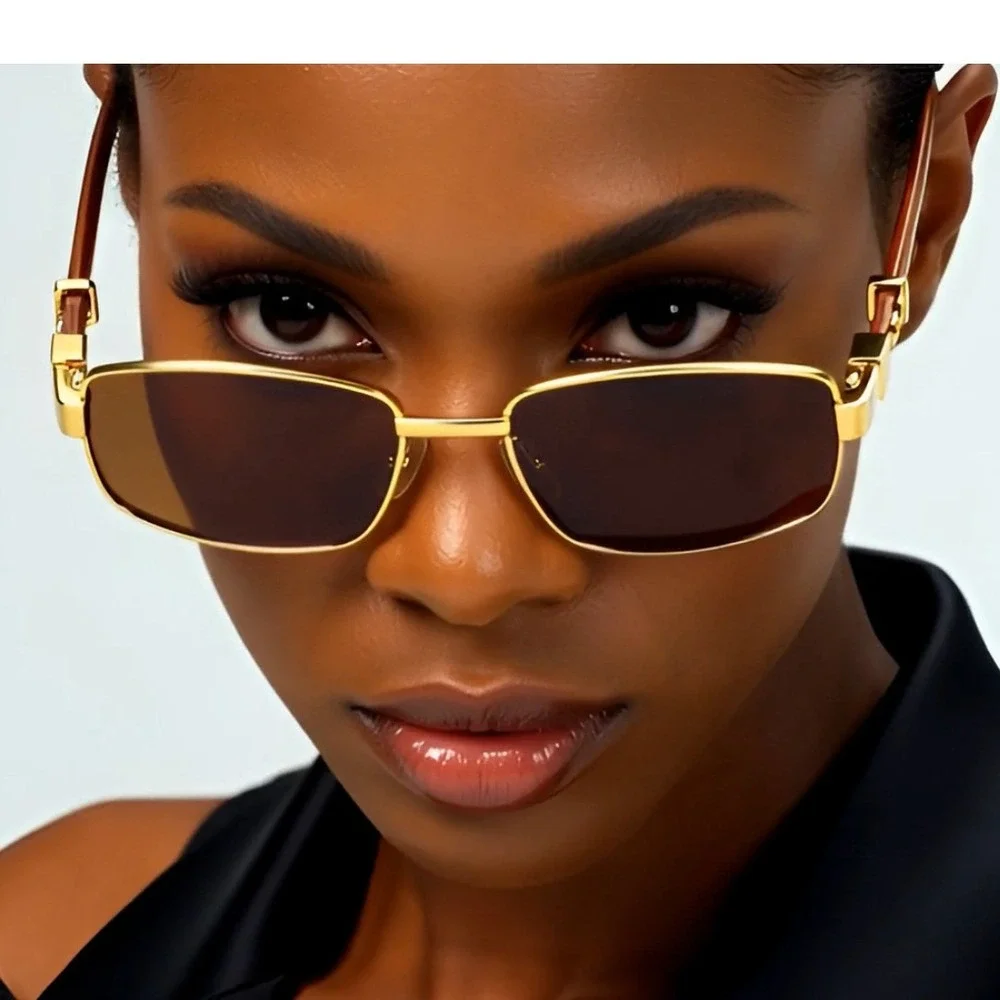 Gold Frame‎ Sunglasses Wood Arms Rectangular Lens Women Fashion Eyewear Trendy